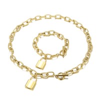 Classic Hot Stainless Steel Lock Link Chain Bracelet Necklace Jewelry Set